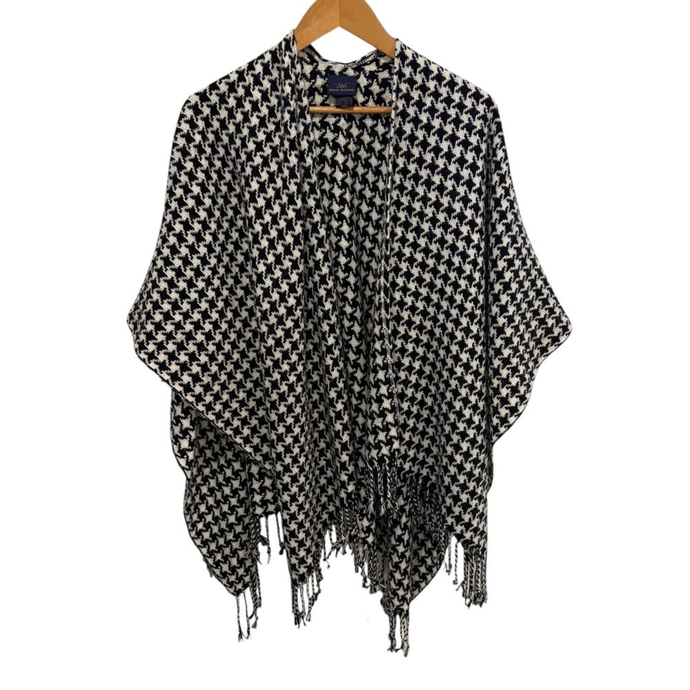 Brooks Brothers Houndstooth Shawl Cape One Size Black White Fringe